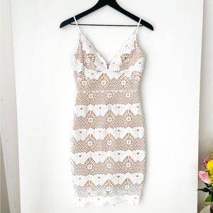 Lulus | Dress Sheath Lace Crochet Fitted Knee Length White Nude | XS